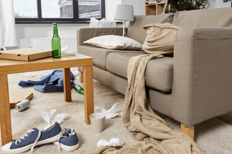 Das Bild zeigt ein Wohnzimmer im chaotischen Zustand.